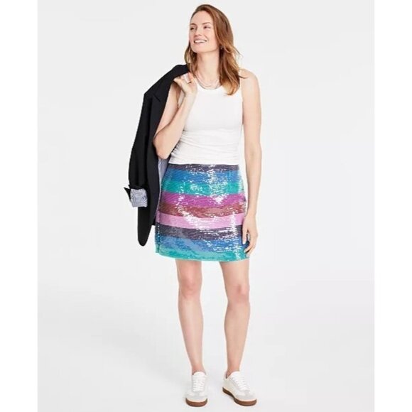 NEW ON 34TH MID-RISE BOARDWALK-STRIPE SEQUINED MINI SKIRT SZ 6 - Picture 1 of 7